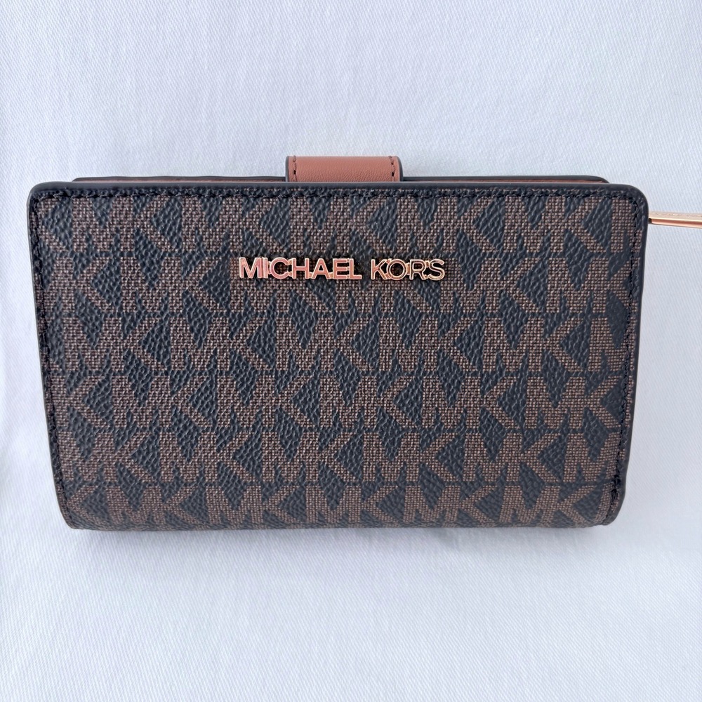 Michael Kors Bifold Wallet Medium Brown MK Signature Logo Jet Set Acorn